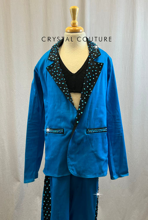 Royal Blue Pant Suit with Black Trim Details - Rhinestones