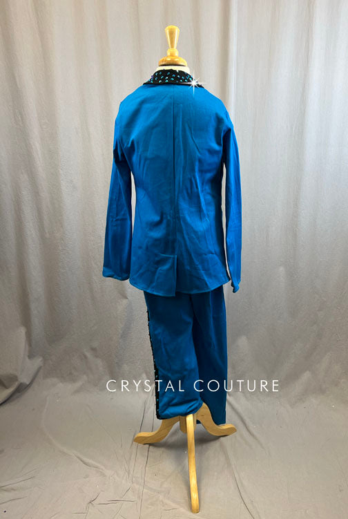 Royal Blue Pant Suit with Black Trim Details - Rhinestones
