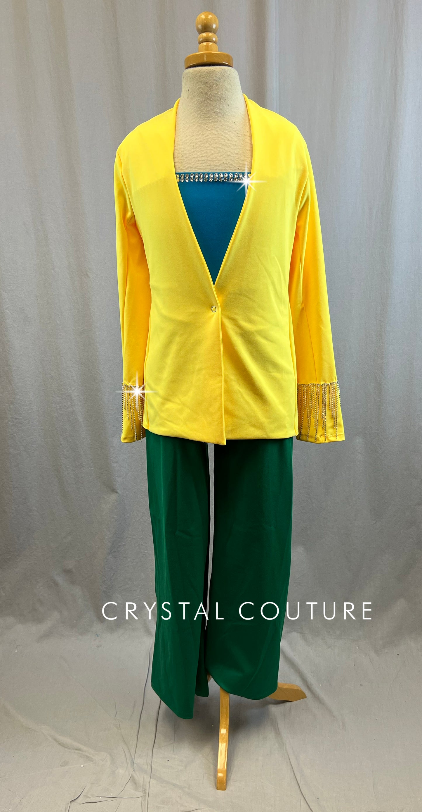 Tri Color 3-Piece Set - Yellow Jacket, Blue Sports Bra and Green Pants - Rhinestones