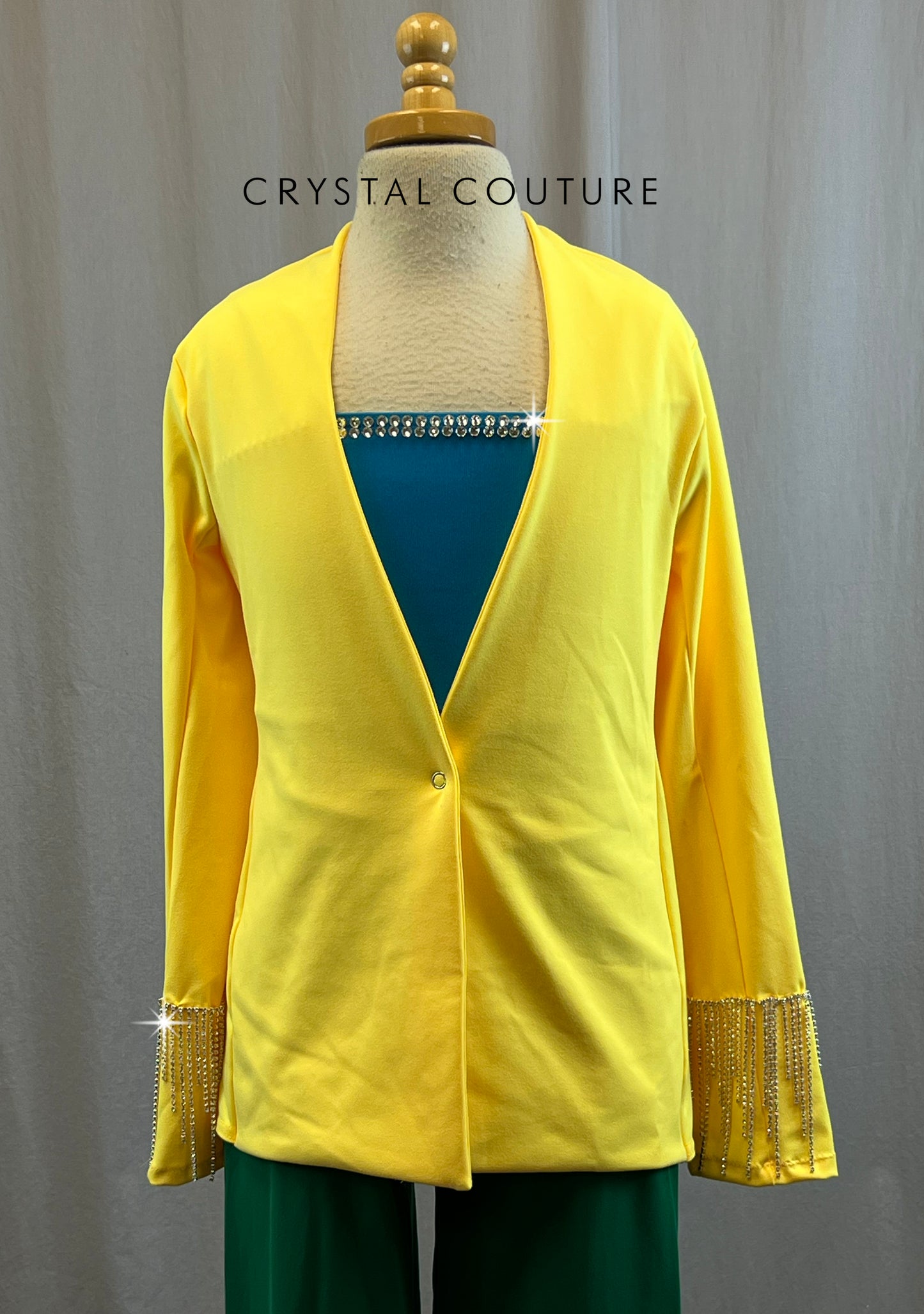 Tri Color 3-Piece Set - Yellow Jacket, Blue Sports Bra and Green Pants - Rhinestones