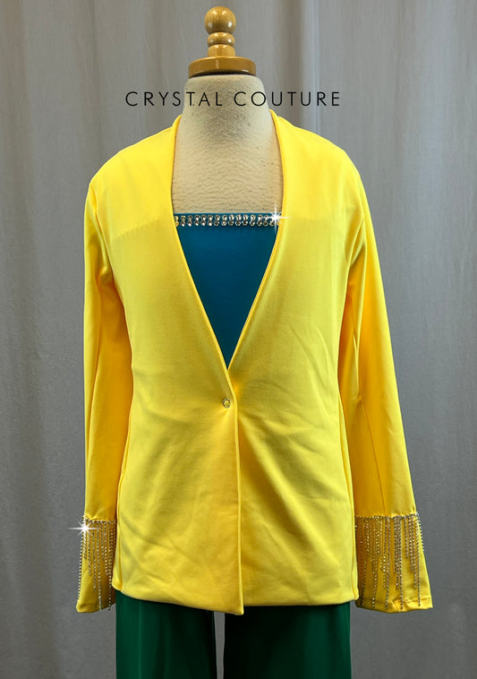 Tri Color 3-Piece Set - Yellow Jacket, Blue Sports Bra and Green Pants - Rhinestones