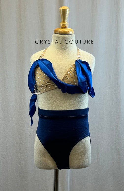 Nude Bra Top with Royal Blue Satin Fabric and Navy Blue Brief - Rhinestones
