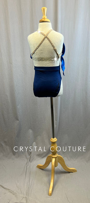 Nude Bra Top with Royal Blue Satin Fabric and Navy Blue Brief - Rhinestones