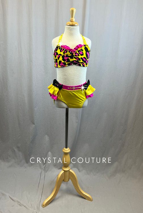 Custom Yellow and Pink Cheetah Two Piece with Ruffle Half Skirt and Bow Details - Rhinestones