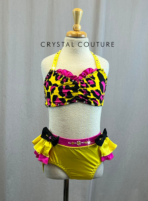 Custom Yellow and Pink Cheetah Two Piece with Ruffle Half Skirt and Bow Details - Rhinestones
