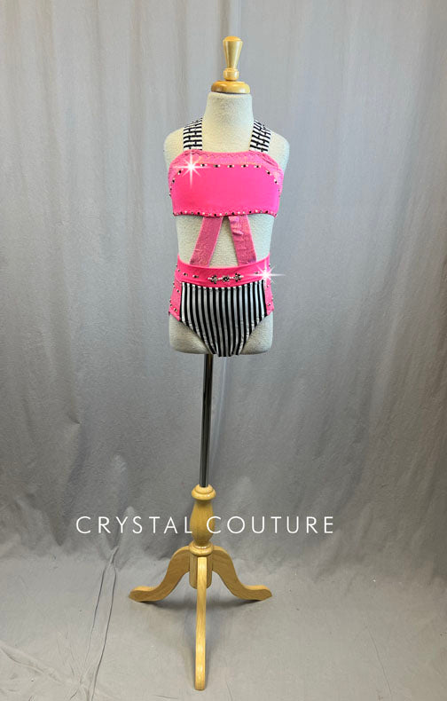 Custom Pink, Black and White Striped Connected Two Piece - Rhinestones
