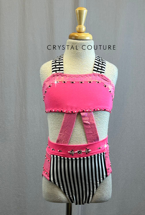Custom Pink, Black and White Striped Connected Two Piece - Rhinestones