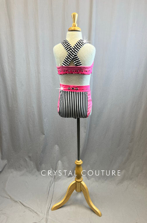 Custom Pink, Black and White Striped Connected Two Piece - Rhinestones