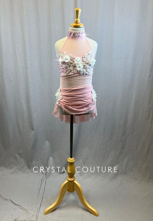 Light Pink Mesh Leotard with White Floral Beaded Applique - Rhinestones