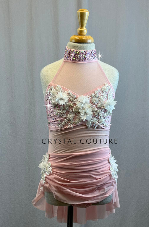 Light Pink Mesh Leotard with White Floral Beaded Applique - Rhinestones