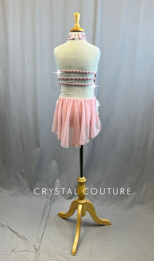 Light Pink Mesh Leotard with White Floral Beaded Applique - Rhinestones