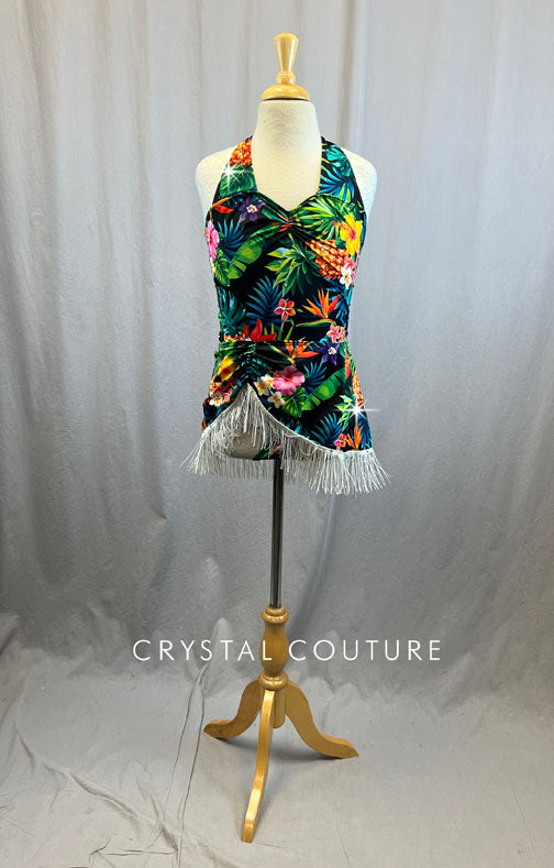 Hawaiian Floral Print Lycra Leotard With Matching Skirt with Fringe
