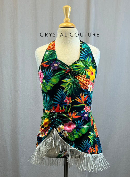 Hawaiian Floral Print Lycra Leotard With Matching Skirt with Fringe