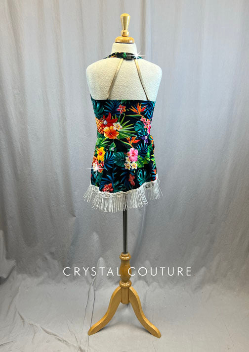 Hawaiian Floral Print Lycra Leotard With Matching Skirt with Fringe