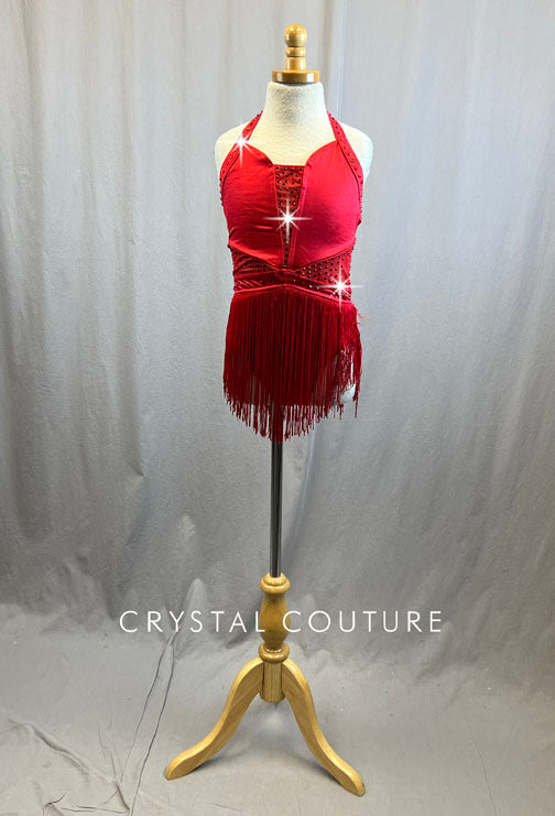 Red Halter Leotard with Fringe Skirt and Rhinestones