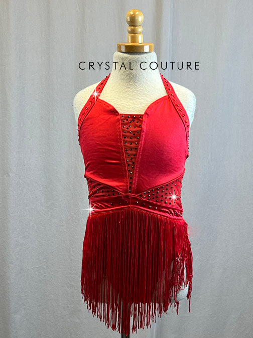 Red Halter Leotard with Fringe Skirt and Rhinestones