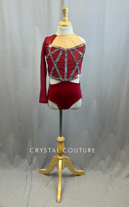Custom Red Leotard with Strappy Back and Single Mesh Arm - With Rhinestones