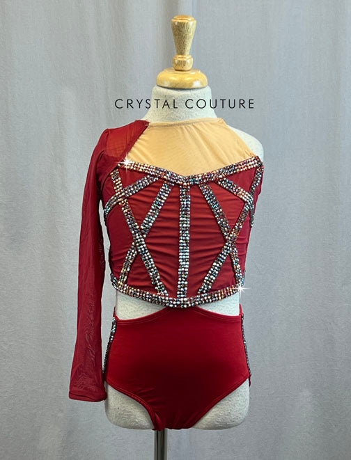 Custom Red Leotard with Strappy Back and Single Mesh Arm - With Rhinestones