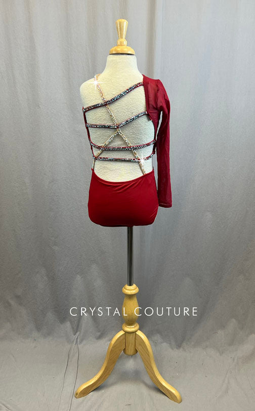 Custom Red Leotard with Strappy Back and Single Mesh Arm - With Rhinestones