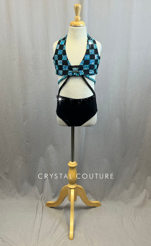 Custom Black and Turquoise Checkerboard Bra Top and Brief Connected by Straps - With Rhinestones