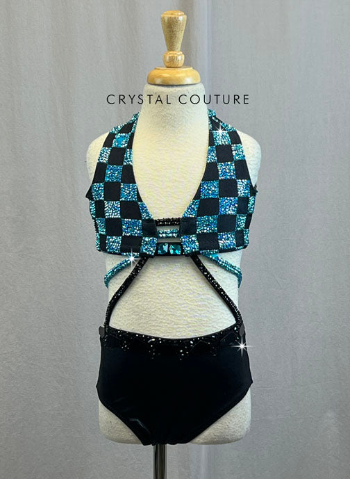 Custom Black and Turquoise Checkerboard Bra Top and Brief Connected by Straps - With Rhinestones