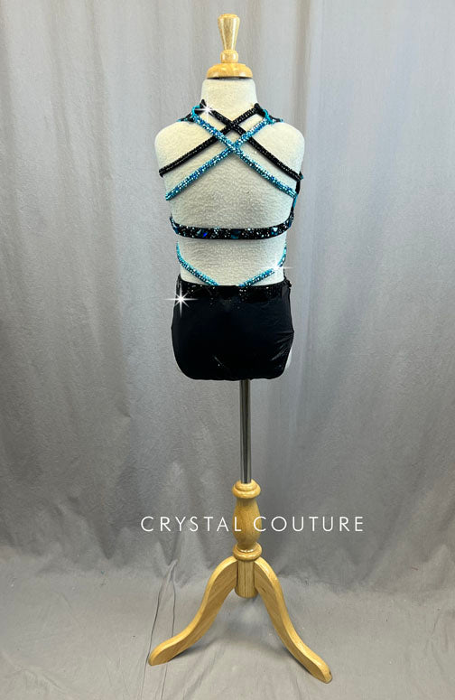 Custom Black and Turquoise Checkerboard Bra Top and Brief Connected by Straps - With Rhinestones
