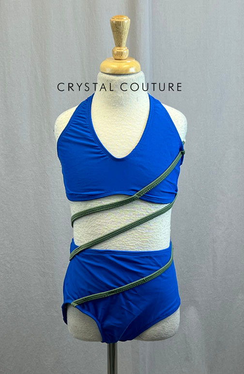 Custom Royal Blue Bra Top and Brief Connected by Olive Green Straps