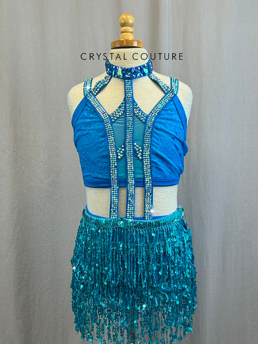 Turquoise Strappy Lace Leotard with Sequin Fringe Skirt - With Rhinestones