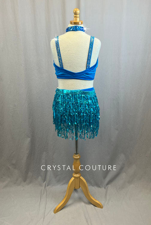 Turquoise Strappy Lace Leotard with Sequin Fringe Skirt - With Rhinestones