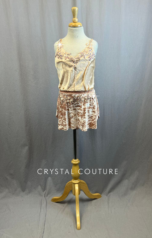 Custom Peach Satin Tank Jumper with Rose Crushed Velvet Skirt and Built-In Briefs