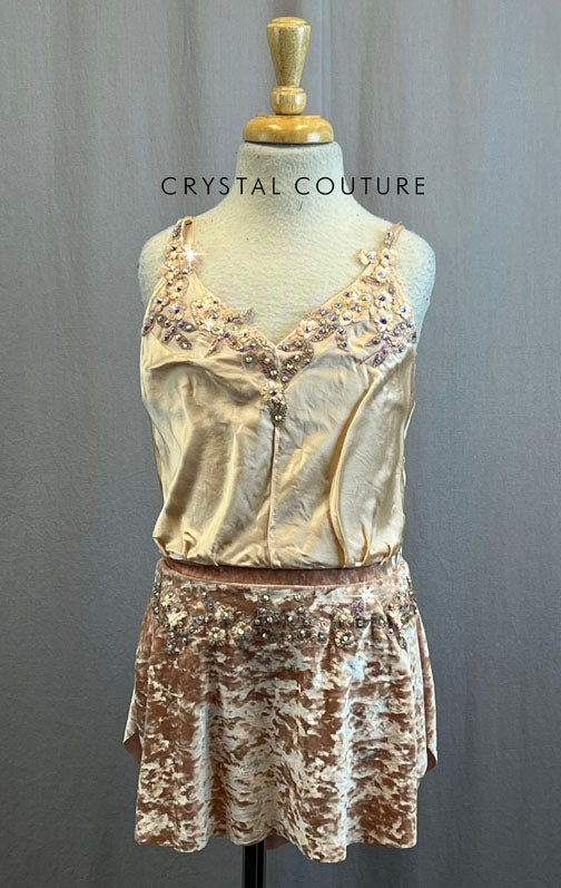 Custom Peach Satin Tank Jumper with Rose Crushed Velvet Skirt and Built-In Briefs