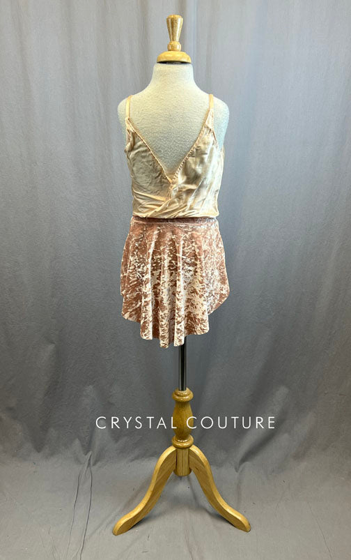 Custom Peach Satin Tank Jumper with Rose Crushed Velvet Skirt and Built-In Briefs