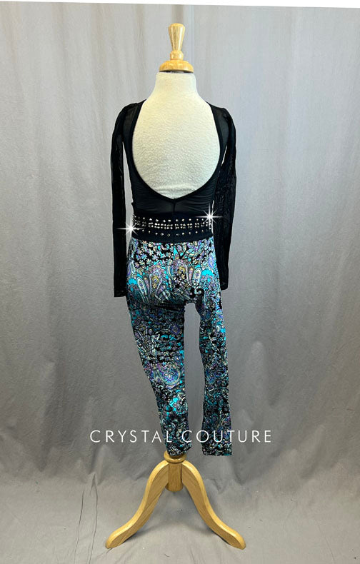 Custom Purple and Teal Paisley Velvet Unitard with Rhinestones