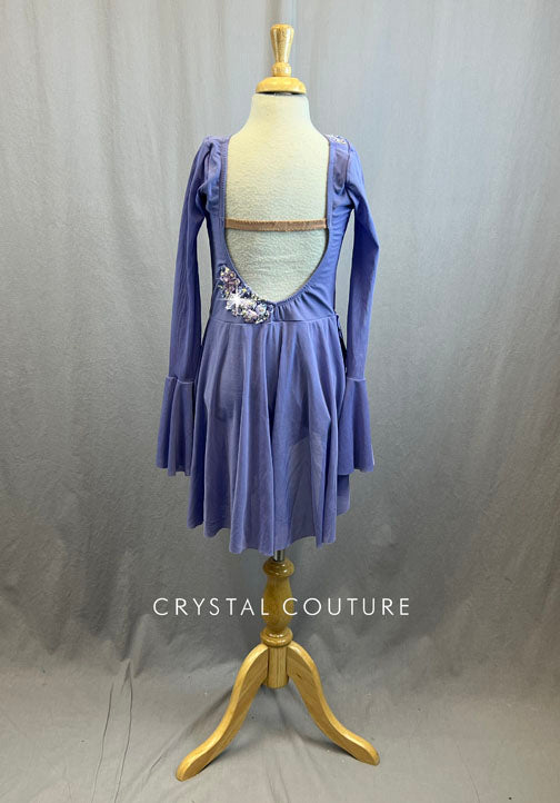 Custom Soft Lavender Mesh Bell Sleeved Lyrical Dress with Rhinestones