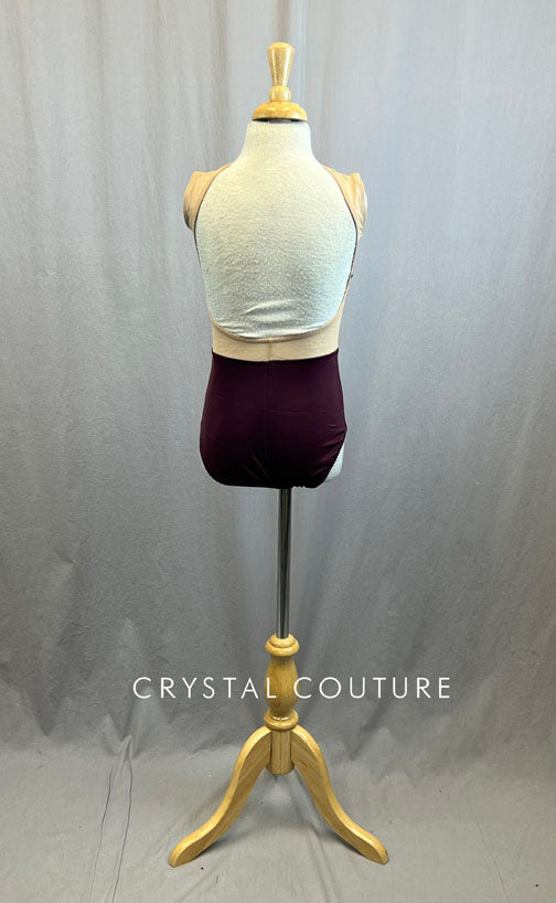 Custom Nude and Plum Leotard with Rhinestoned Plum Floral Appliques and Rhinestones