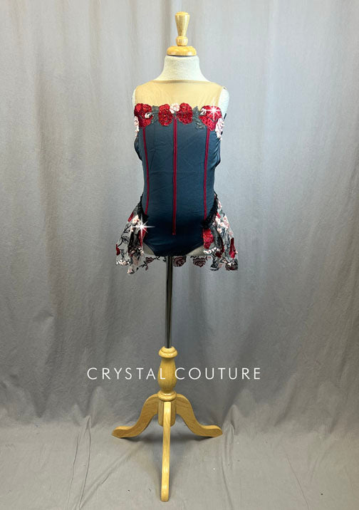 Custom Grey Leotard with Rose Embroidered Mesh and Pearl Details