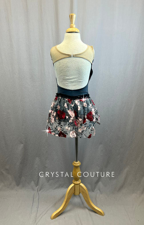 Custom Grey Leotard with Rose Embroidered Mesh and Pearl Details