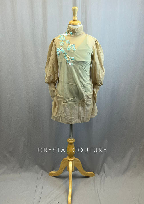 Custom Nude Mock Neck Tunic Style Dress with Bubble Sleeves and Baby Blue Leotard with Applique and Rhinestones