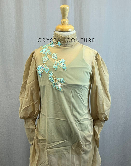 Custom Nude Mock Neck Tunic Style Dress with Bubble Sleeves and Baby Blue Leotard with Applique and Rhinestones