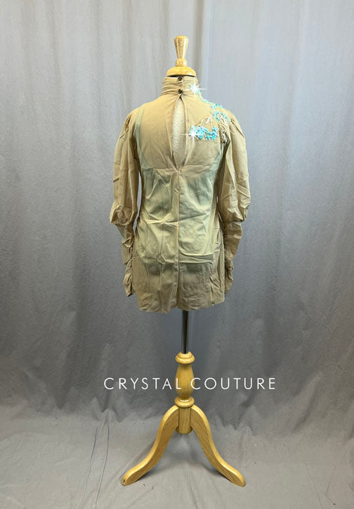 Custom Nude Mock Neck Tunic Style Dress with Bubble Sleeves and Baby Blue Leotard with Applique and Rhinestones