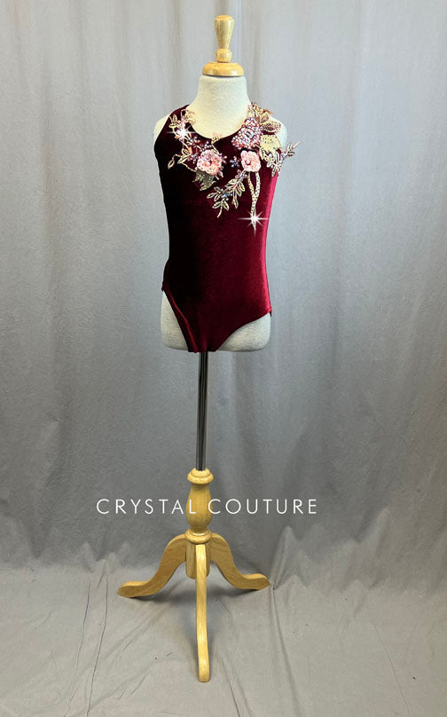 Custom Maroon Velvet Halter Leotard with Appliques and Rhinestones