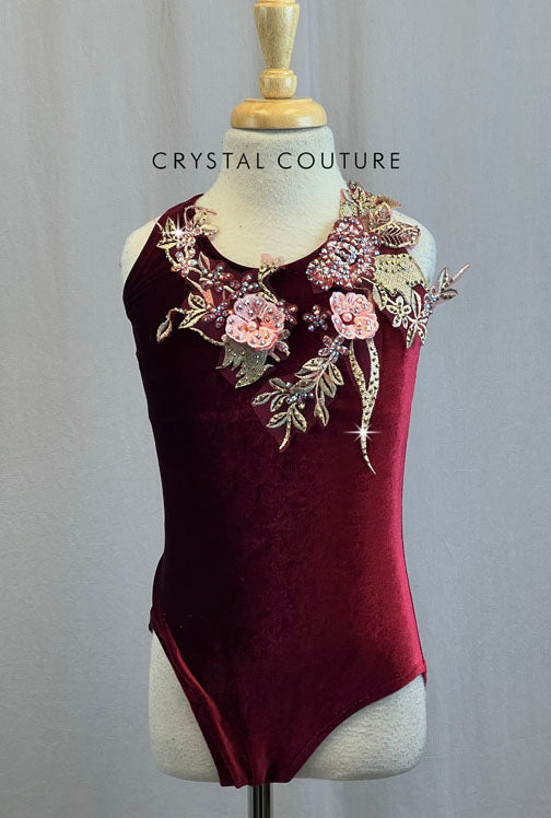 Custom Maroon Velvet Halter Leotard with Appliques and Rhinestones