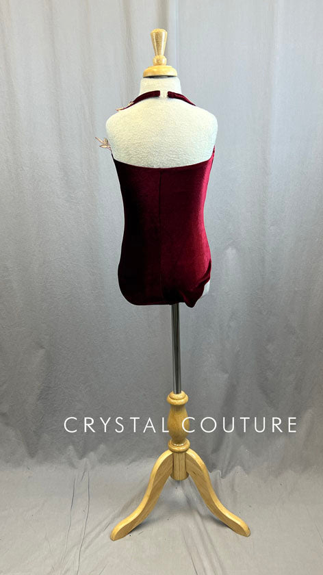 Custom Maroon Velvet Halter Leotard with Appliques and Rhinestones
