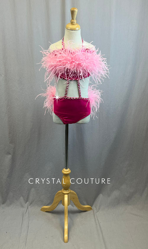 *Brand New* Custom Fuchsia Lycra Two Piece with Baby Pink Feather bust and Bustle with Rhinestones