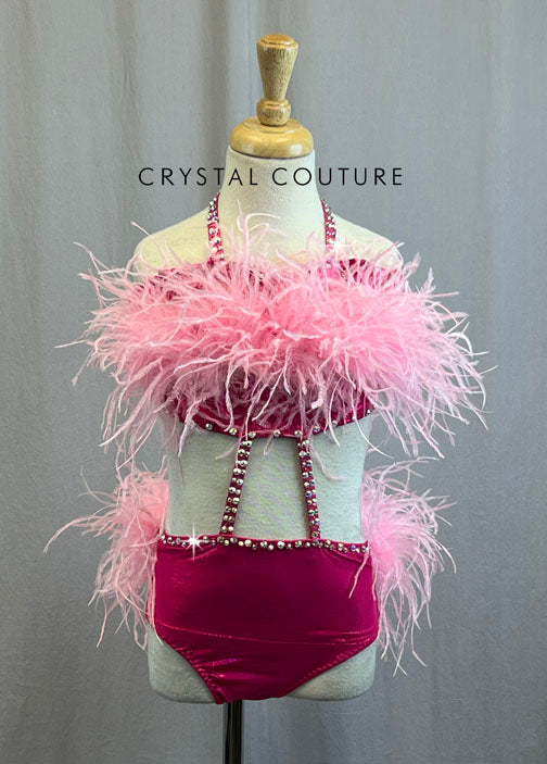 *Brand New* Custom Fuchsia Lycra Two Piece with Baby Pink Feather bust and Bustle with Rhinestones