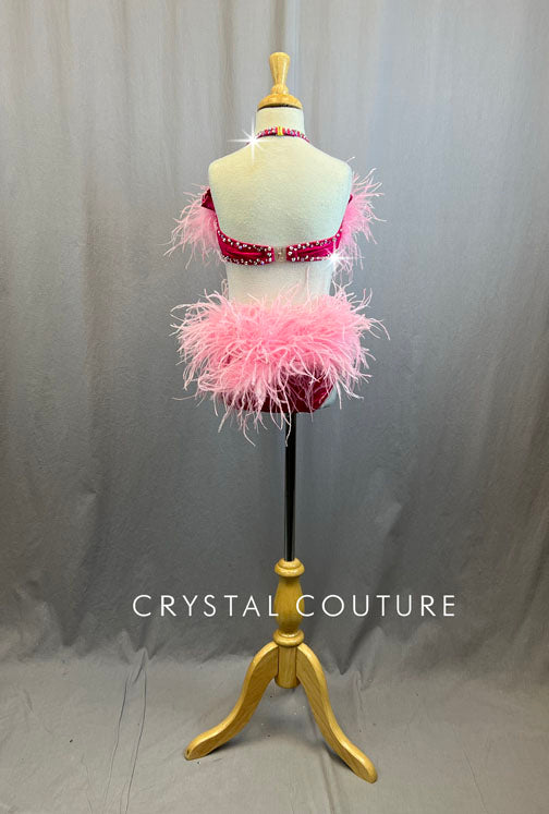 *Brand New* Custom Fuchsia Lycra Two Piece with Baby Pink Feather bust and Bustle with Rhinestones