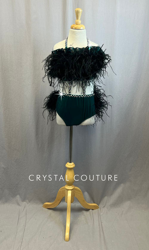 *Brand New* Custom Green Lycra Two Piece with Black Feather bust and Bustle with Rhinestones
