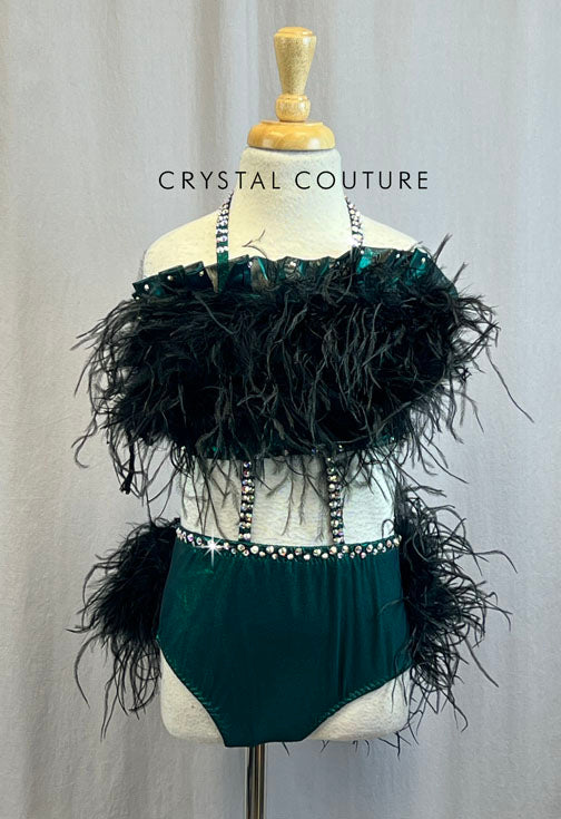 *Brand New* Custom Green Lycra Two Piece with Black Feather bust and Bustle with Rhinestones