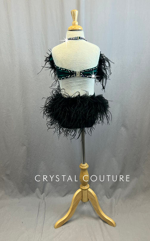 *Brand New* Custom Green Lycra Two Piece with Black Feather bust and Bustle with Rhinestones