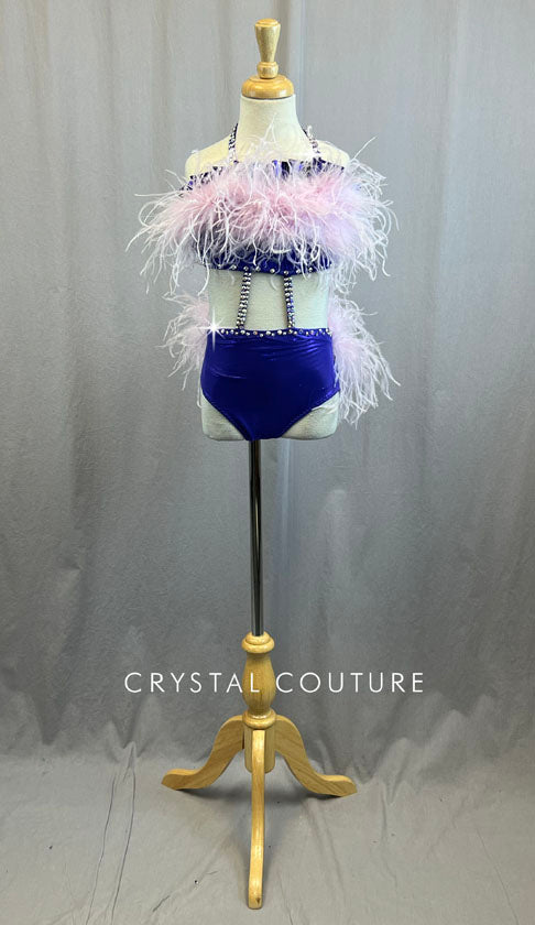 *Brand New* Custom Purple Lycra Two Piece with Pink Feather bust and Bustle with Rhinestones